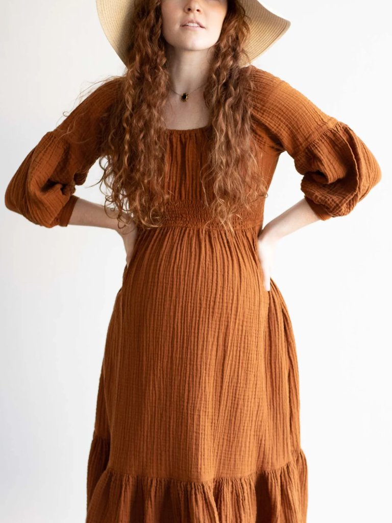 Emme Mama Eliza Maternity Dress Cinnamon Brown Cotton Gauze Size M — image 4 of 8